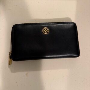 Tory Burch black saffiano zip-around wallet with gold hardware